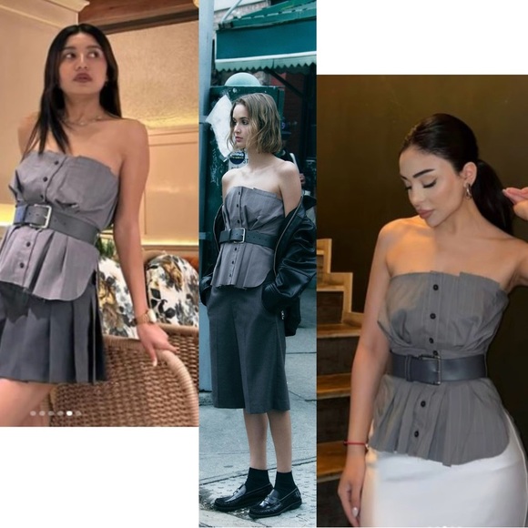 Zara charcoal gray pinstripe bustier corset top strapless raw unfinished hem L - Picture 3 of 16